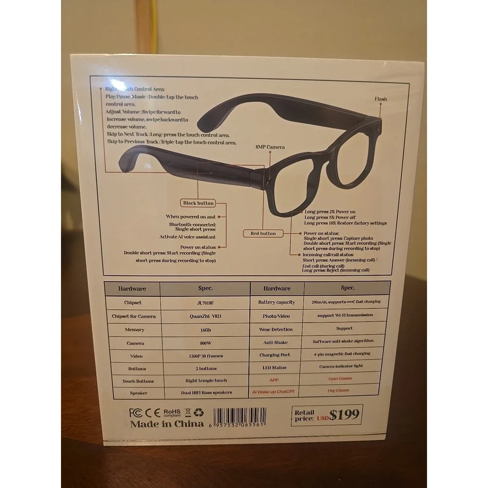 AiMB-G1 Bluetooth Voice Control Smart Glasses W/8MP, 1080p Camera NIB-sealed‎